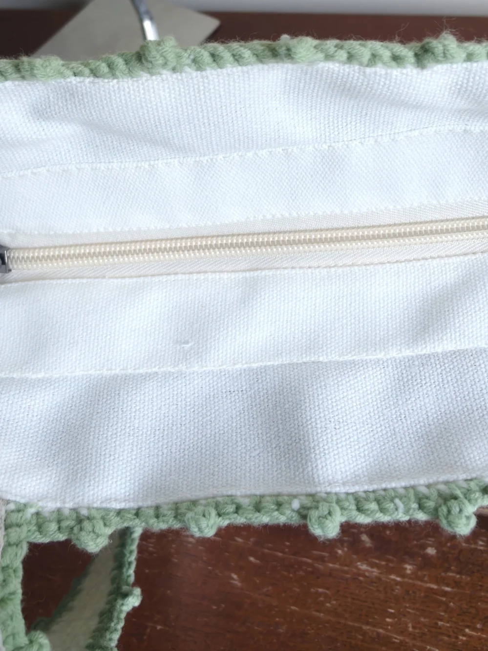 Handmade White Canvas Bag with Mint Green Crochet Trim crochet shoulder bag - Picture 10 of 10